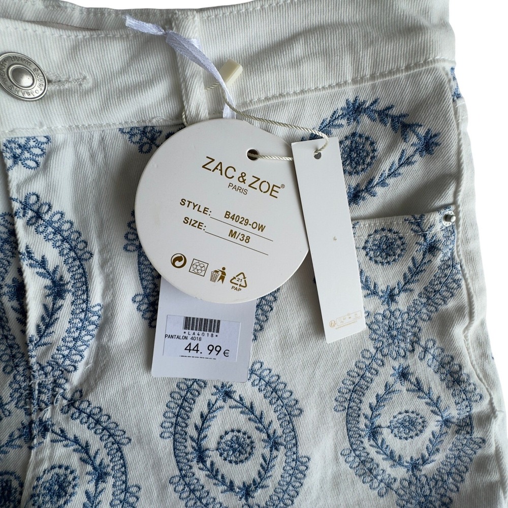 Zac & Zoe Paris Embroidered White Denim Shorts Blue‎ Paisley M/38 NWT - Picture 2 of 5